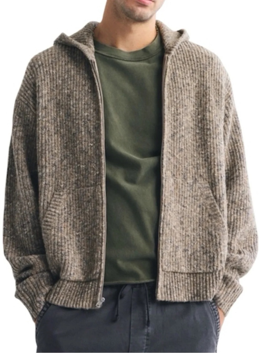 Abercrombie & Fitch‎ Taupe Tan Marled Full Zip Hooded Sweater Jacket